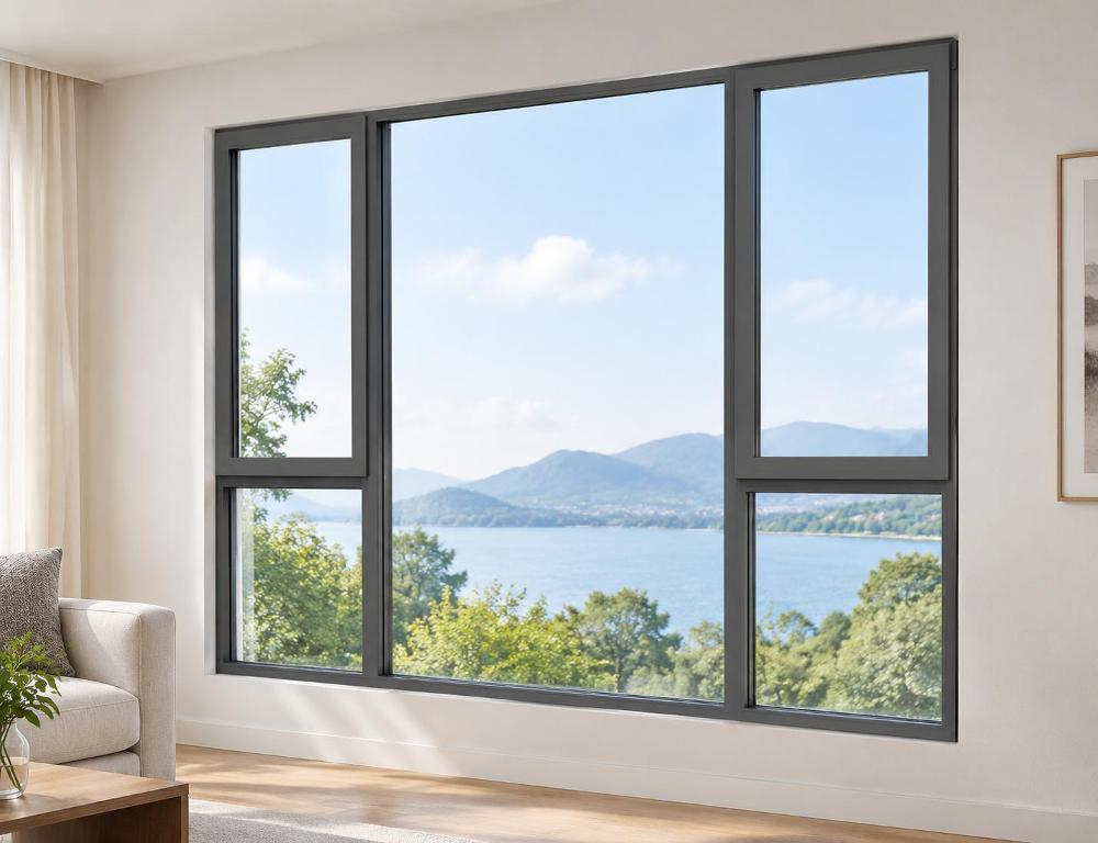 Front perspective three-quarter 3D rendering of the FLP50 unglazed aluminum casement window frame showcasing the configuration of side-hung operable sashes and central fixed compartments.