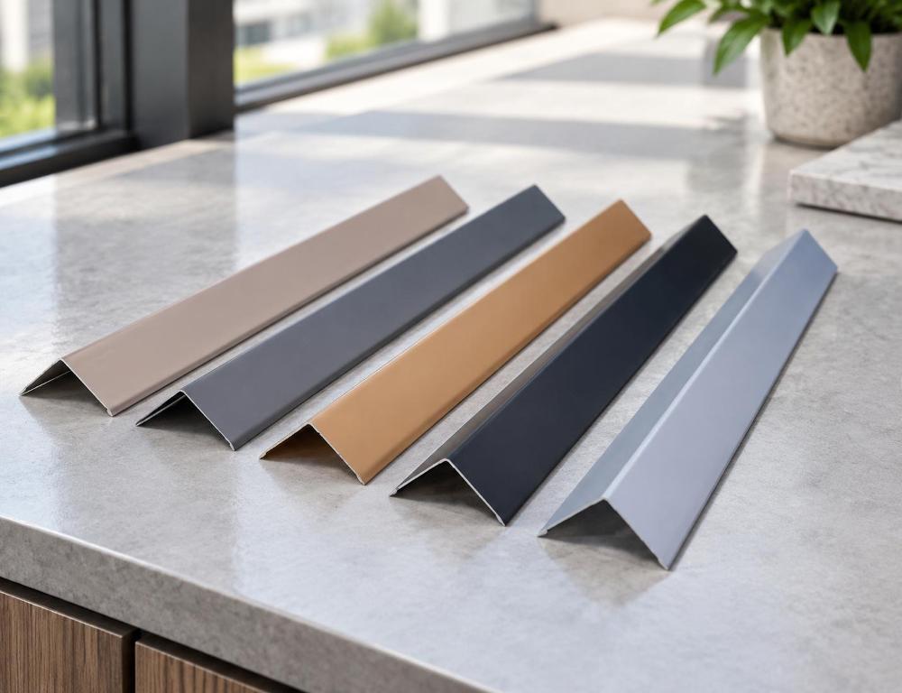 Aluminium angle profiles in multiple finishes arranged on a table