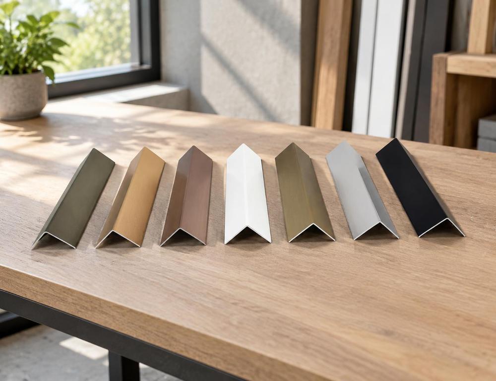 Lineup of aluminium angle profiles in dark bronze, brushed gold, and other finishes