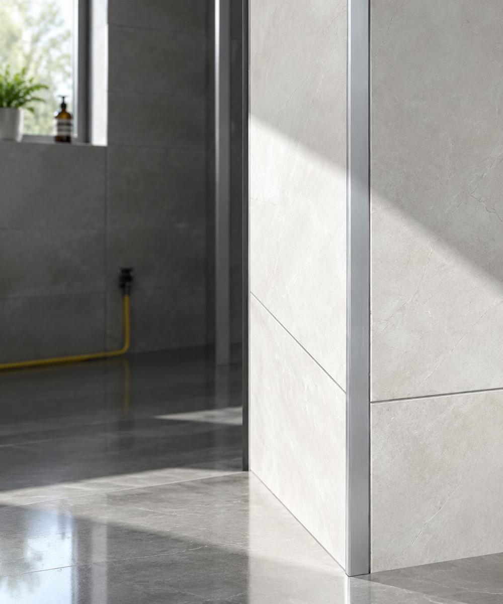 Silver anodized aluminium angle profile on a marble wall corner