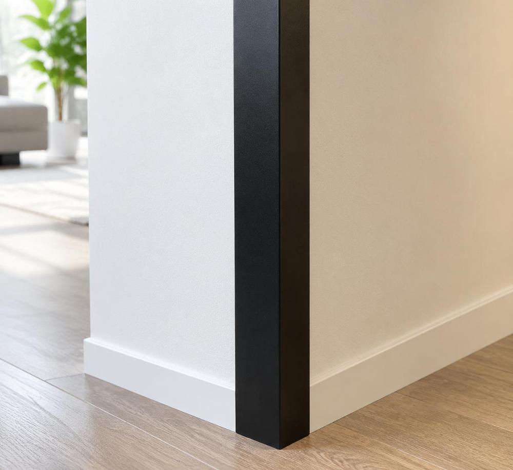 Matte black aluminium angle profile joining two interior wall panels