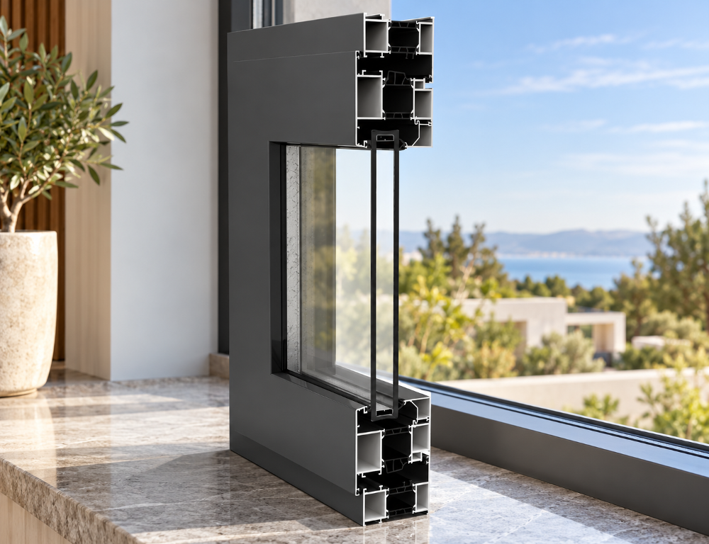 Three-quarter perspective of K80 insulated aluminum window profile system
