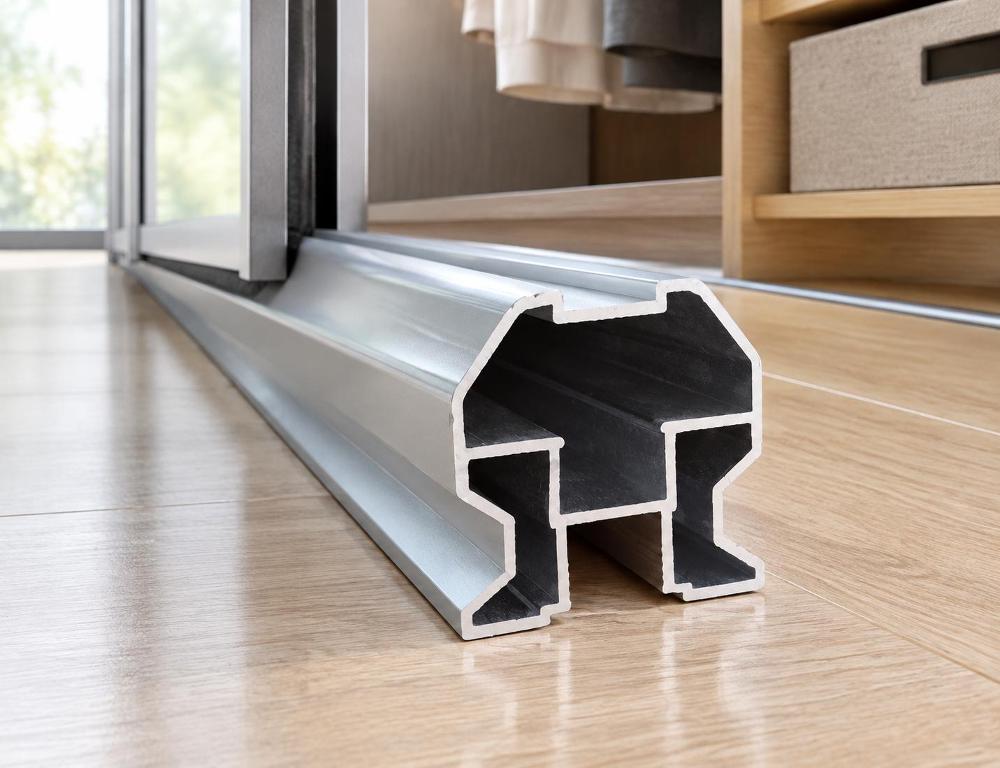 Macro cross-section of an extruded aluminium wardrobe profile showing internal hollow chambers