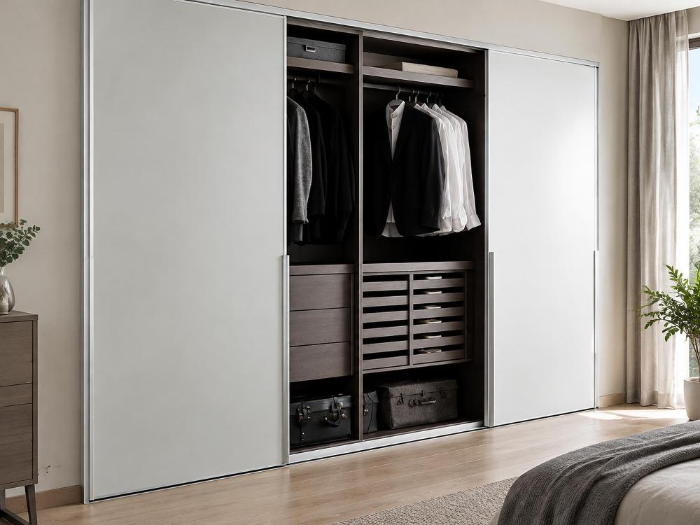 Luxury bedroom wardrobe with sliding doors fitted with slim aluminium edge handles