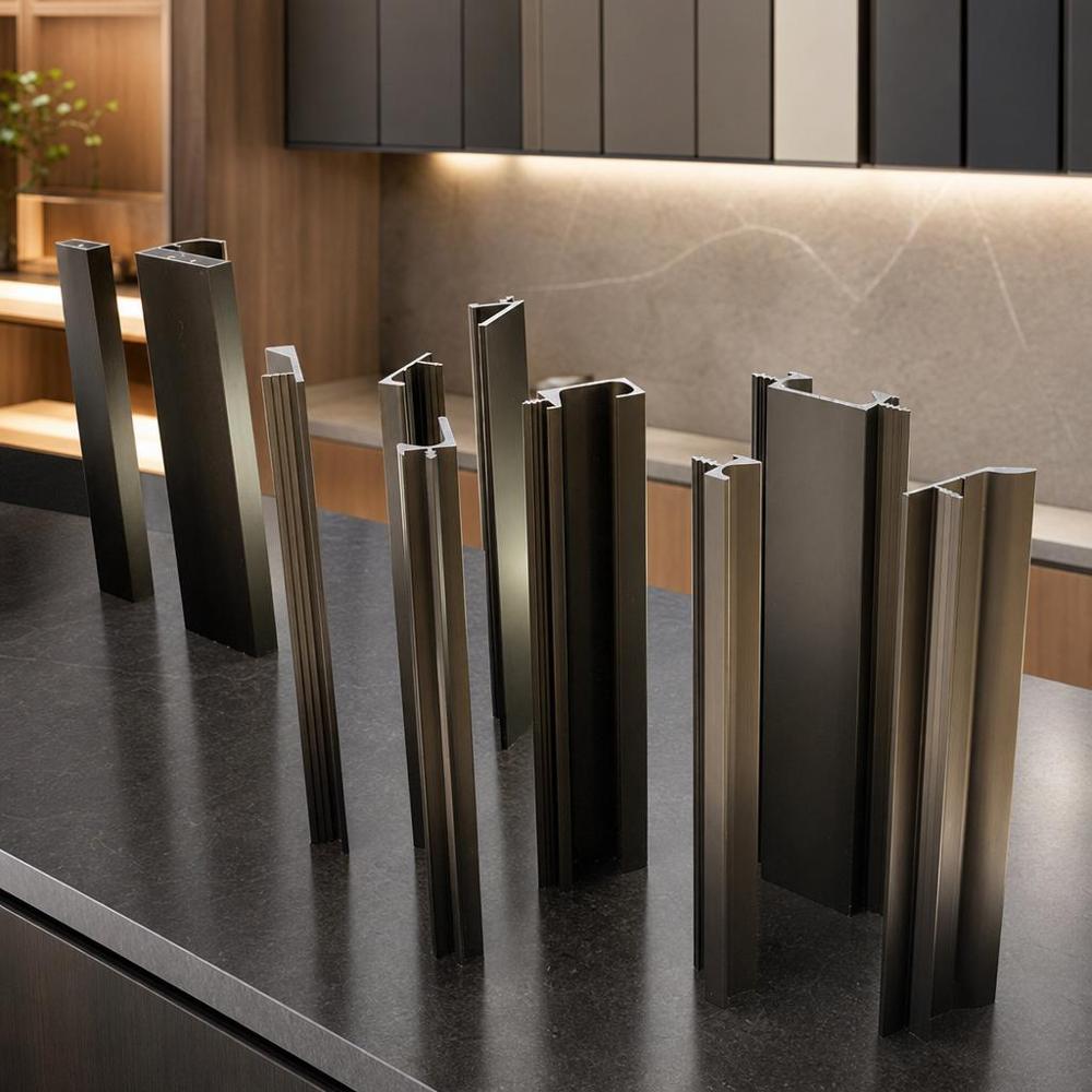Extruded aluminum profiles for kitchen cabinets showing various cross-sectional geometries