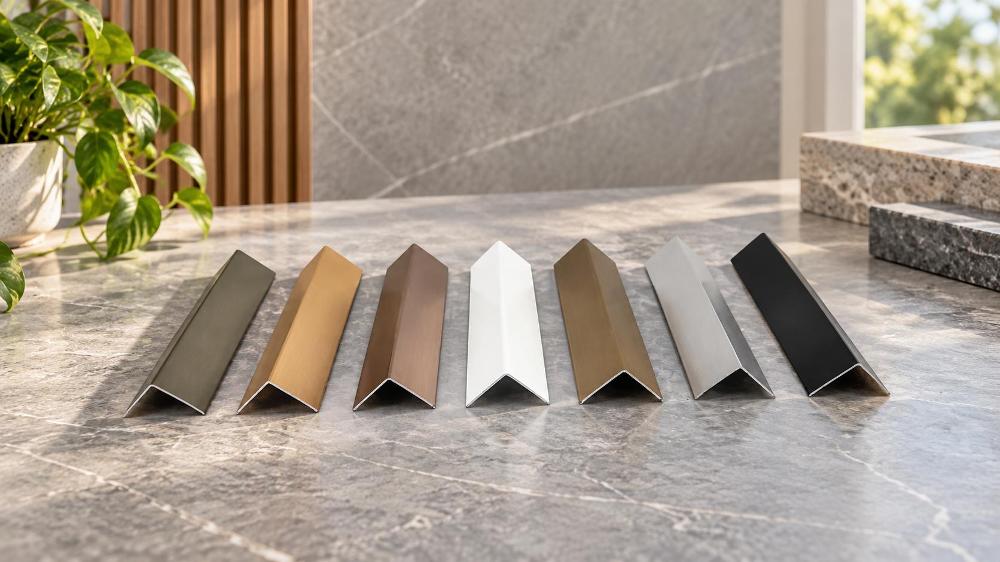 Aluminium Angle Profiles in Various Architectural Finishes Frontal horizontal lineup shot featuring seven aluminium angle profiles resting side-by-side on a neutral grey background
