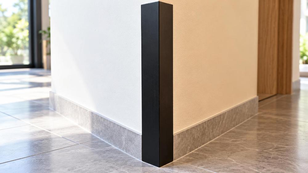 Internal Wall Panel Junction Protected by Aluminium Angle Profile Close-up perspective shot showing a dark matte black aluminium angle profile applied at the junction between two interior wall panels