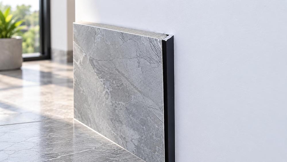 Matte Black Aluminium Angle Trim on Ceramic Tile Macro close-up shot showing a dark matte black aluminium angle profile installed as an edge-protecting trim on a light grey marble-patterned ceramic tile