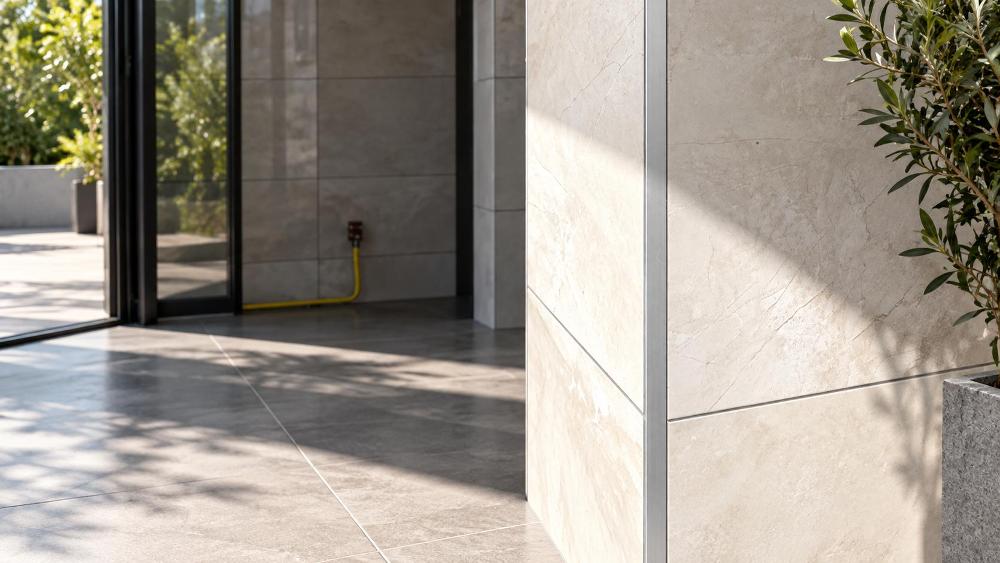 Silver Anodized Aluminium Angle Corner Bead on Polished Marble Architectural application photo capturing a vertical silver anodized aluminium angle profile fitted along the external corner of a polished beige marble tile wall