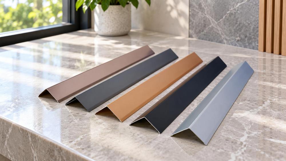 Surface Finishes on Precision Extruded Aluminium Angles Elevated 45-degree perspective shot showing five pieces of aluminium angle profiles arranged parallel to each other on a plain white tabletop