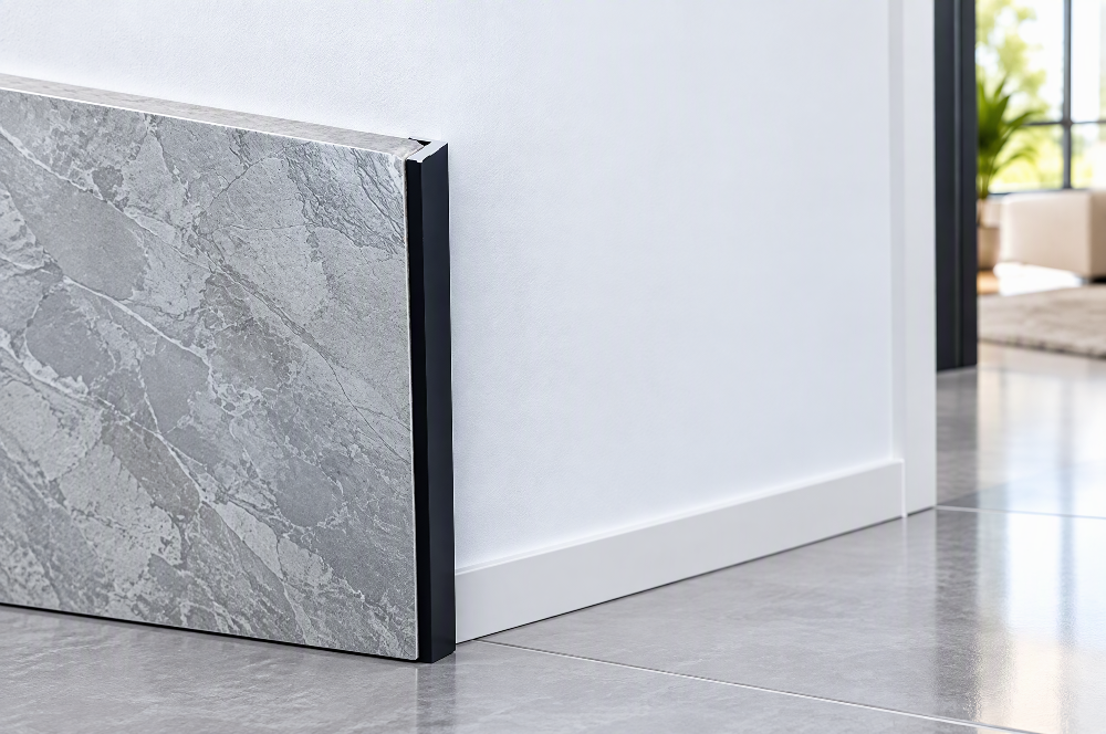 Matte Black Aluminium Angle Tile Edge Trim Macro close-up of a matte black aluminium angle profile installed as a flush edge-protecting trim on marble-patterned ceramic tile
