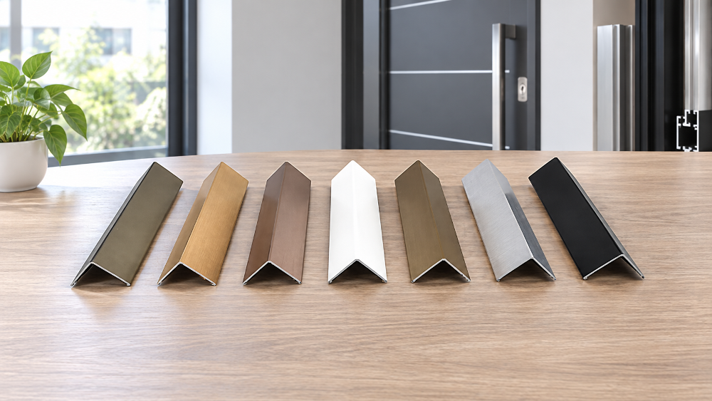 Surface Finish Options for Aluminium Profiles Horizontal lineup of seven aluminium angle profiles showing dark bronze, brushed gold, warm brown, gloss white, medium bronze, silver anodized, and matte black finishes