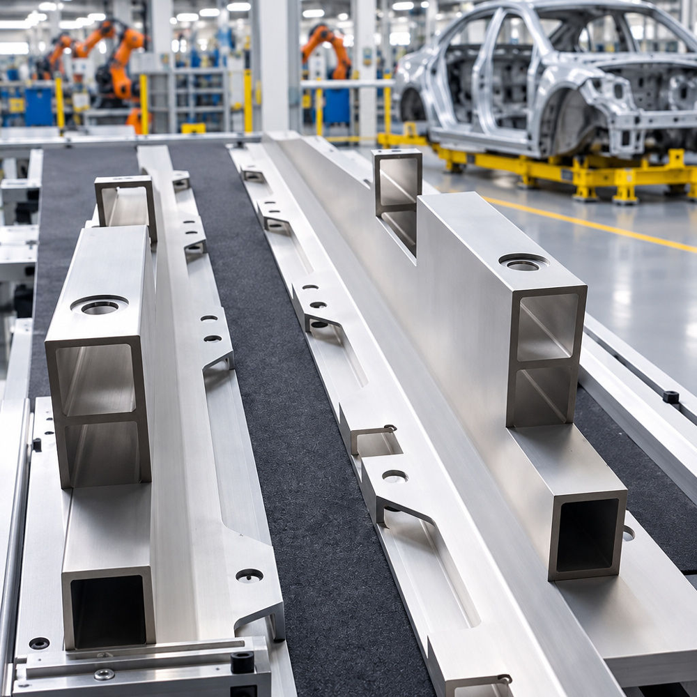 CNC-machined aluminium chassis frame rails Close-up high-angle industrial shot of precision CNC-machined aluminium chassis frame rails with milled mounting flanges and drilled assembly holes