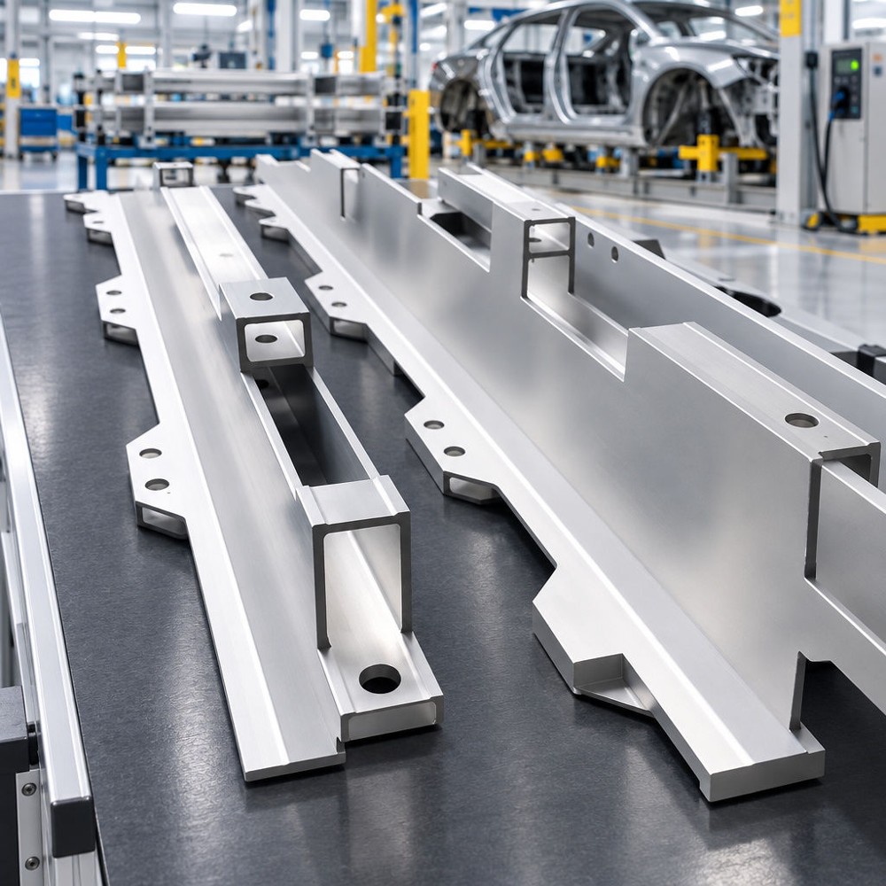 Heavy-duty machined aluminium longitudinal automotive beams Perspective close-up shot of heavy-duty machined aluminium longitudinal automotive beams with integrated hollow box mounts and drilled fastener holes