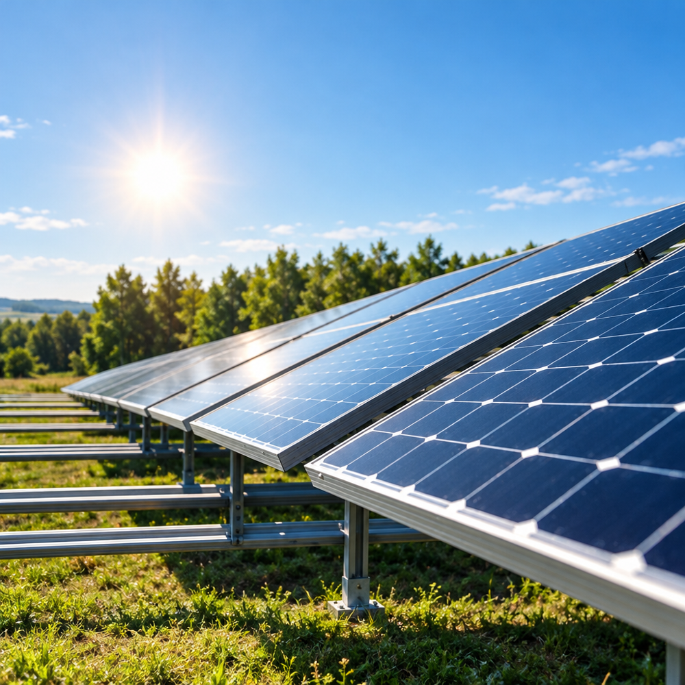 Photovoltaic solar mounting aluminium extrusion profiles Outdoor application photograph of ground-mounted photovoltaic solar panel arrays supported by structural aluminium racking profiles under sunlight