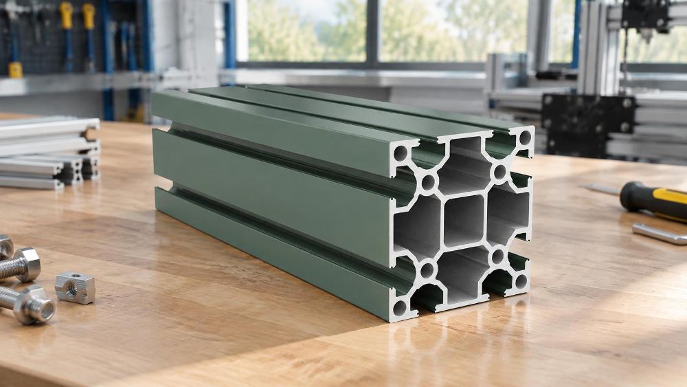 Heavy-duty square extrusion profile Square T-slot aluminium extrusion profile with dark green anodized finish and visible internal core cavities