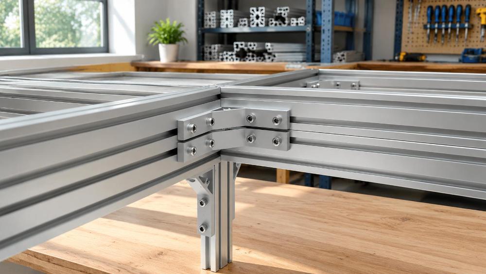 Industrial modular frame joint assembly Rigid 90-degree frame joint assembled with aluminium corner brackets and hex socket screws