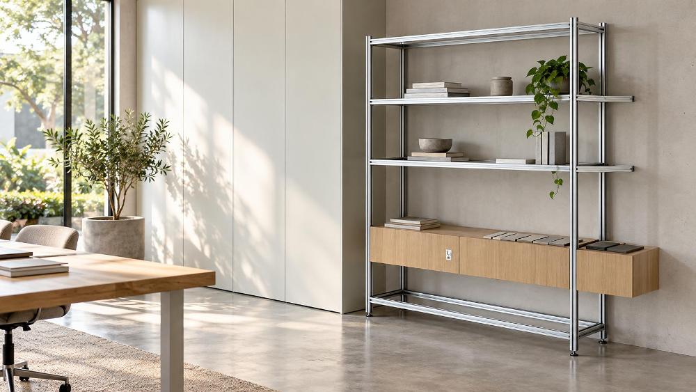 Modular storage framework assembly Multi-tier modular shelving unit built with silver anodized structural aluminium uprights