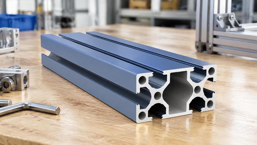 Rectangular modular extrusion cross-section Modular rectangular aluminium profile in slate blue satin finish showing internal screw channels