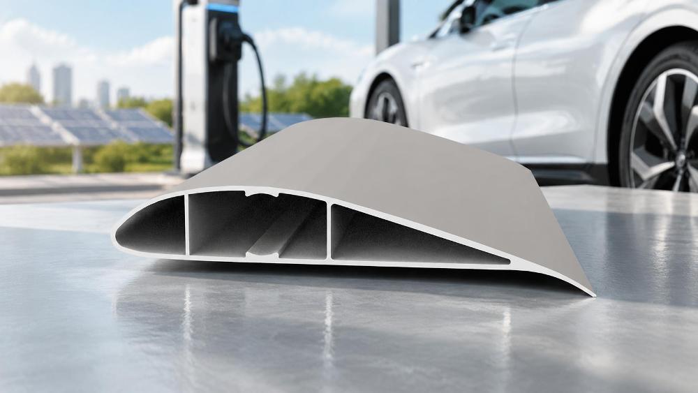 Hollow aluminium extrusion with internal reinforcing cavities Studio 3D rendering showing the cross-section of an aerodynamic hollow aluminium extrusion