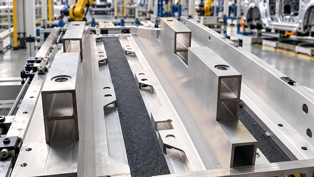 Machined aluminium structural extrusions with CNC-milled mounting holes Precision CNC-machined aluminium structural extrusions positioned on a manufacturing table