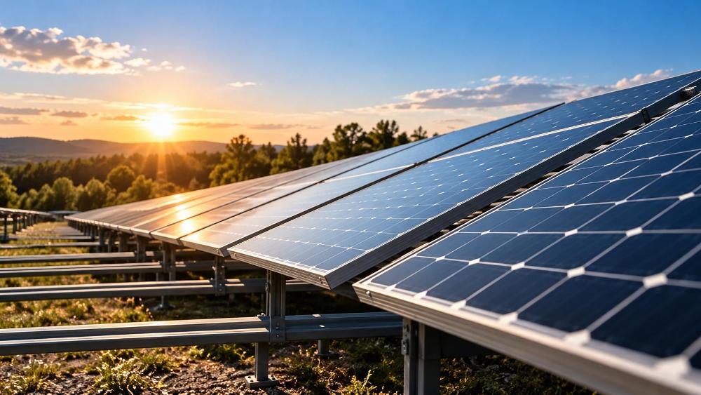 Utility-scale solar array racking structure Outdoor ground-mounted photovoltaic solar panel arrays supported by aluminium racking profiles