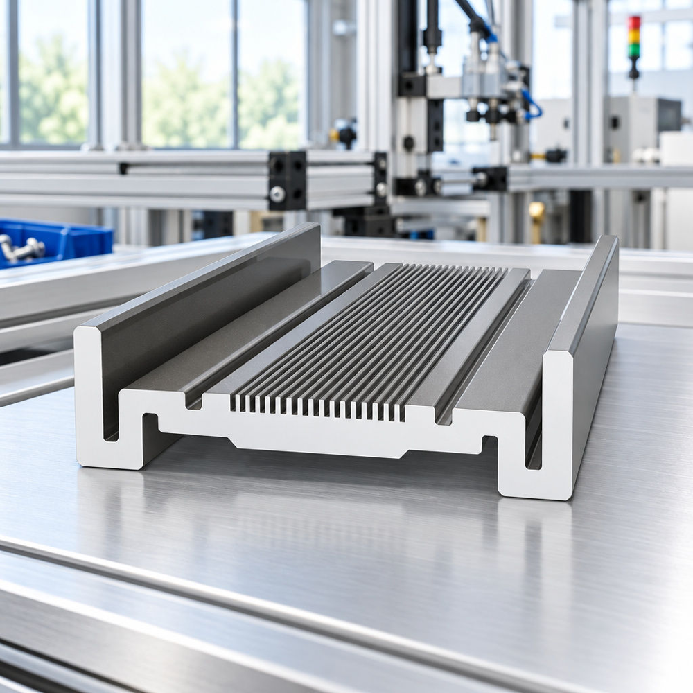 Aluminum Linear Rail and Heat Sink Extrusion Studio 3D rendering of a low-profile aluminum linear rail and heat sink extrusion with vertical cooling fins