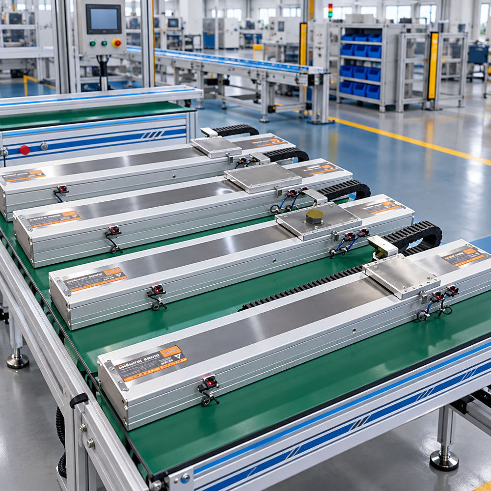 Assembled Aluminum Linear Actuator Modules High-angle industrial photograph of assembled aluminum linear actuator modules with stainless steel dust cover strips and drag chains