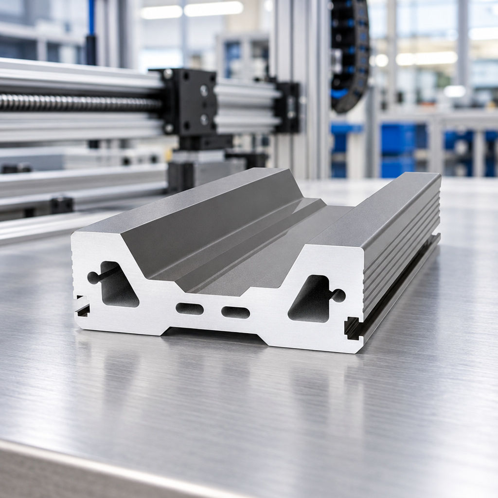 Heavy-Duty Aluminum Linear Actuator Base Profile 3D perspective rendering of a heavy-duty aluminum linear actuator base profile with hollow triangular chambers