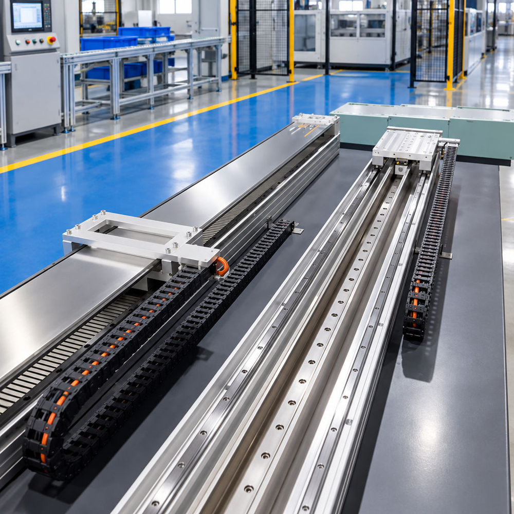 Long-Stroke Industrial Linear Guide and Motor Rail Assembly Overhead workshop view of long-stroke industrial linear guide and motor rail assemblies with exposed guide rails and cable track