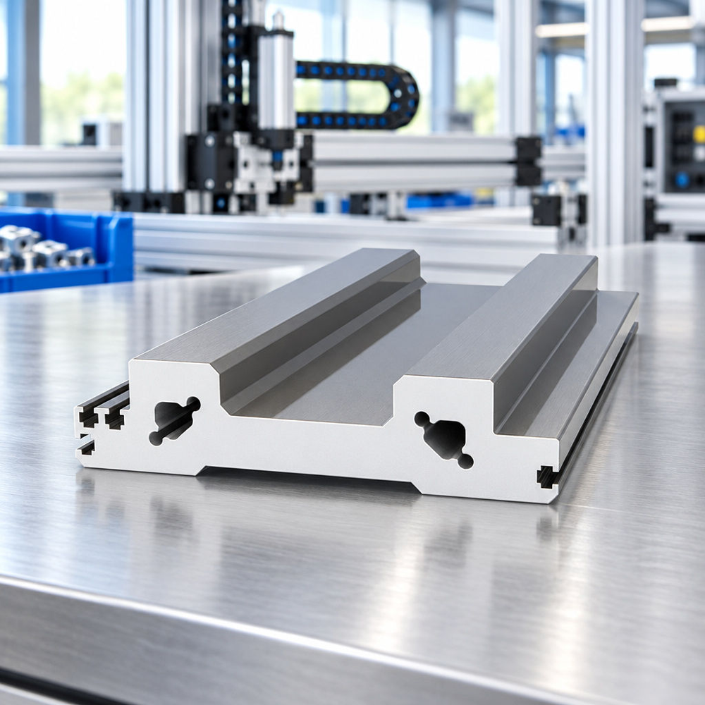 Twin-Track Linear Guide Rail Extrusion 3D perspective rendering of a broad linear guide rail extrusion with twin guide tracks