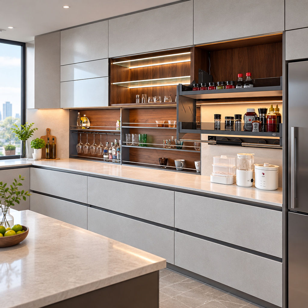 Aluminum Profile Framing on Glass-Front Kitchen Wall Cabinets Application installation view of aluminum profile framing on glass-front upper kitchen wall cabinets