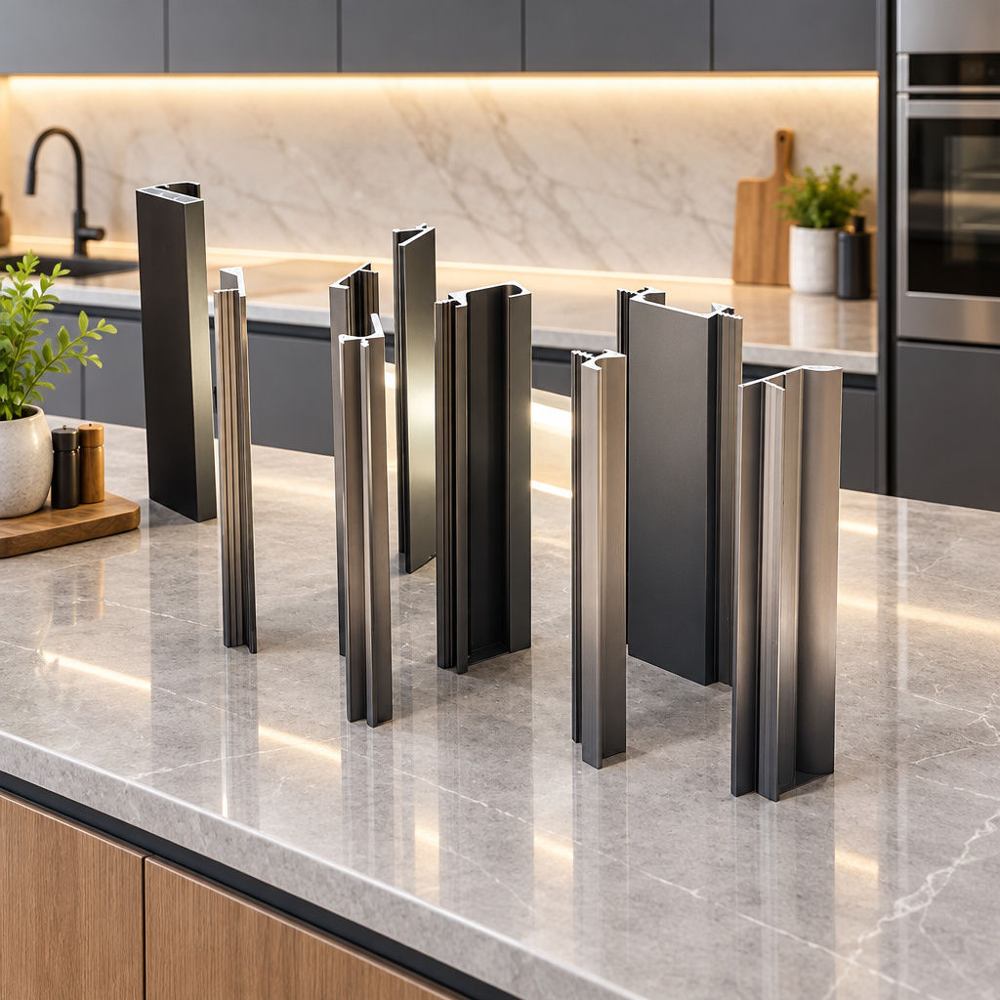 Extruded Aluminum Kitchen Cabinet Profiles Display Eye-level display view of multiple upright dark bronze and matte black extruded aluminum kitchen cabinet profiles arrayed on a dark felt showcase stand with LED under-lighting, showing various cross-sectional geometries including J-pull, ribbed grooved, and Gola handle styles
