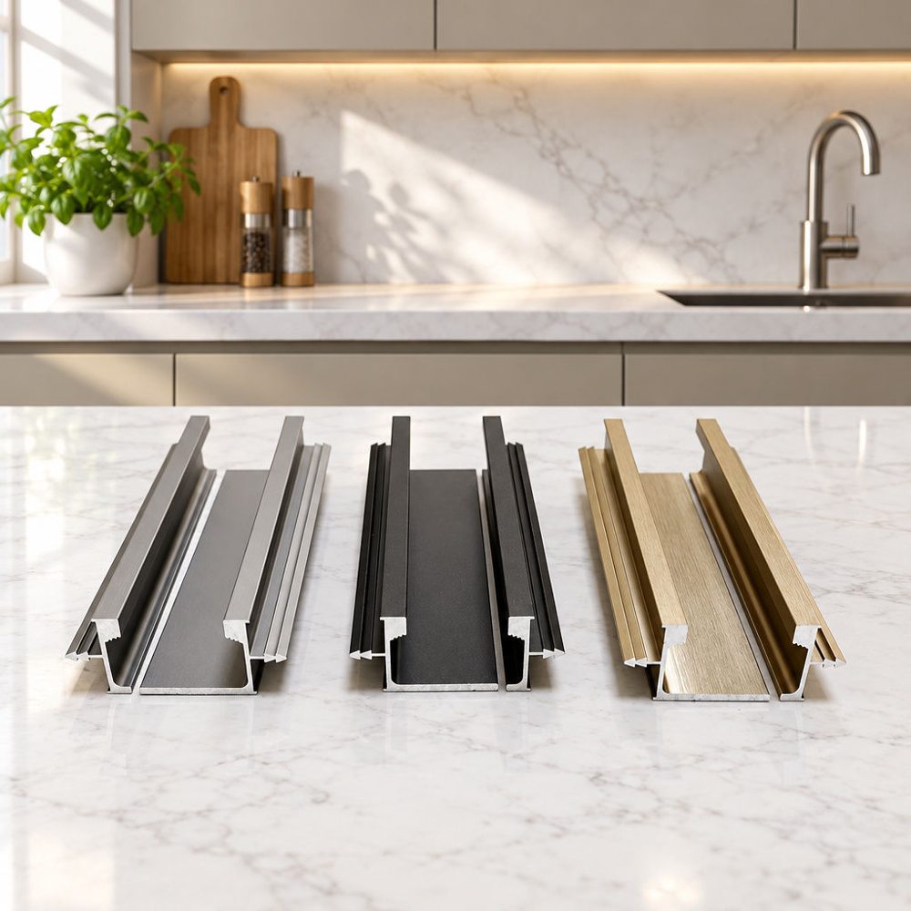 Gola Aluminum Cabinet Profiles in Silver Black and Champagne Gold Front perspective studio shot on a clean white surface displaying three pairs of Gola-style aluminum cabinet edge profiles in silver anodized, matte black, and brushed champagne gold finishes