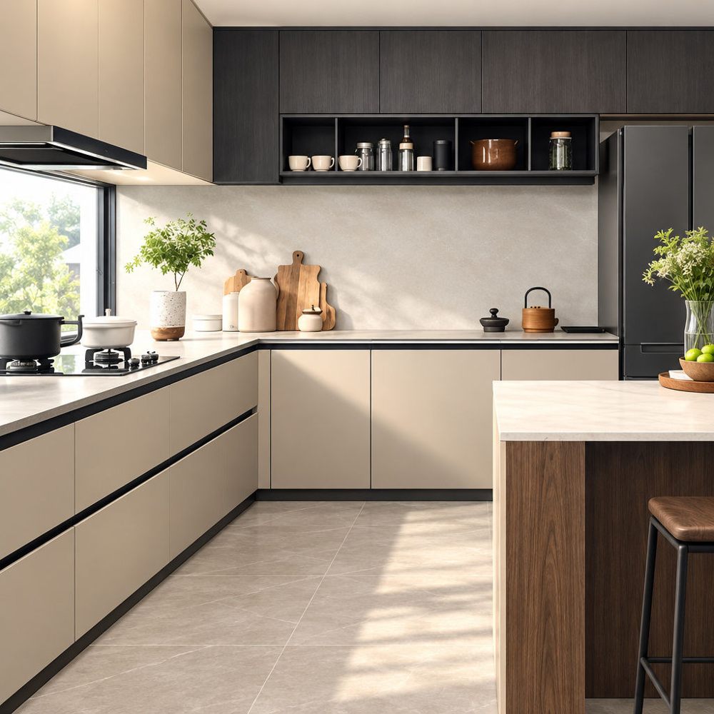 Horizontal Black Aluminum Gola Channels in Kitchen Island Interior design application case highlighting horizontal black aluminum Gola channels seamlessly integrated into modern kitchen base cabinets and island drawers