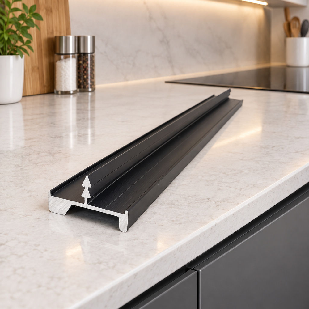 Matte Black Aluminum Edge-Pull Profile with Barbed Spline Perspective top-down studio shot of a matte black aluminum cabinet edge-pull profile with a ribbed barbed mounting spline, isolated on a plain white backdrop