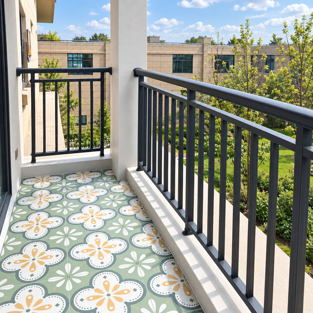 Anthracite Grey Flat-Bar Aluminium Courtyard Railing Eye-level architectural shot of a modern courtyard terrace fitted with minimalist flat-bar aluminium railings in an anthracite grey powder-coated finish