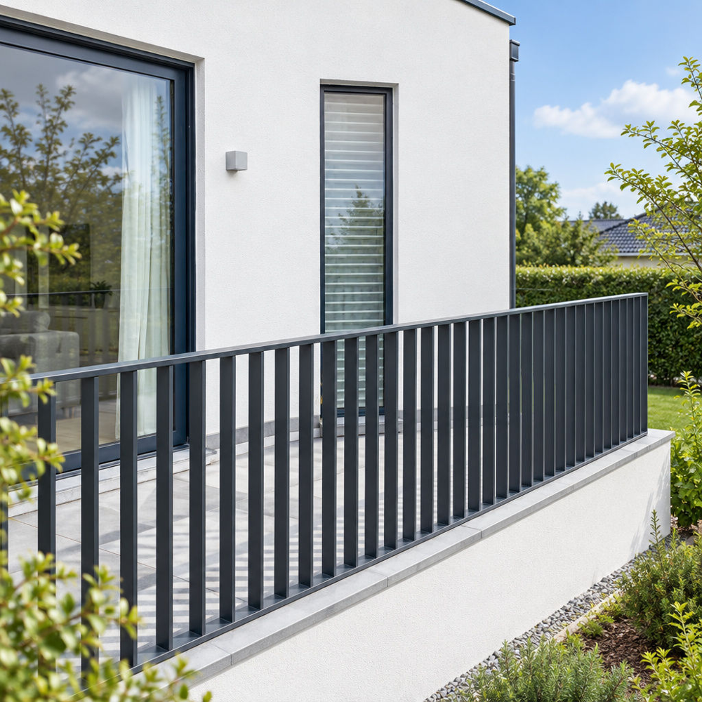 Contemporary Villa Glass Balustrade with Aluminium Framing Profiles Low-angle exterior view of a contemporary three-story residential villa featuring clear glass panel balustrades framed with dark grey aluminium structural profiles