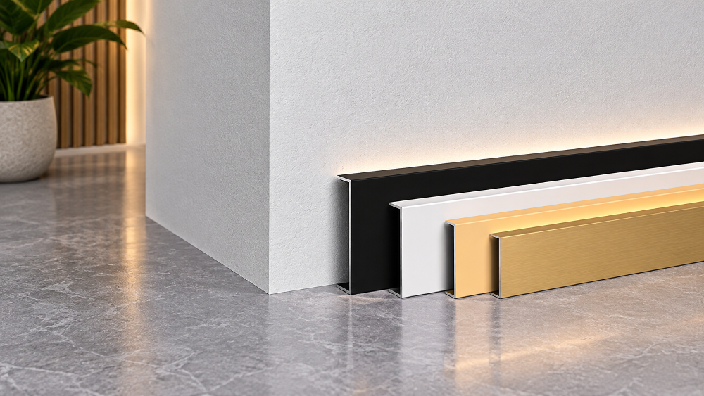Aluminium Channel Profiles Installed as Interior Skirting Baseboards Architectural installation demonstration showing four nested aluminium channel profiles applied as skirting baseboards along the bottom of an interior corner wall