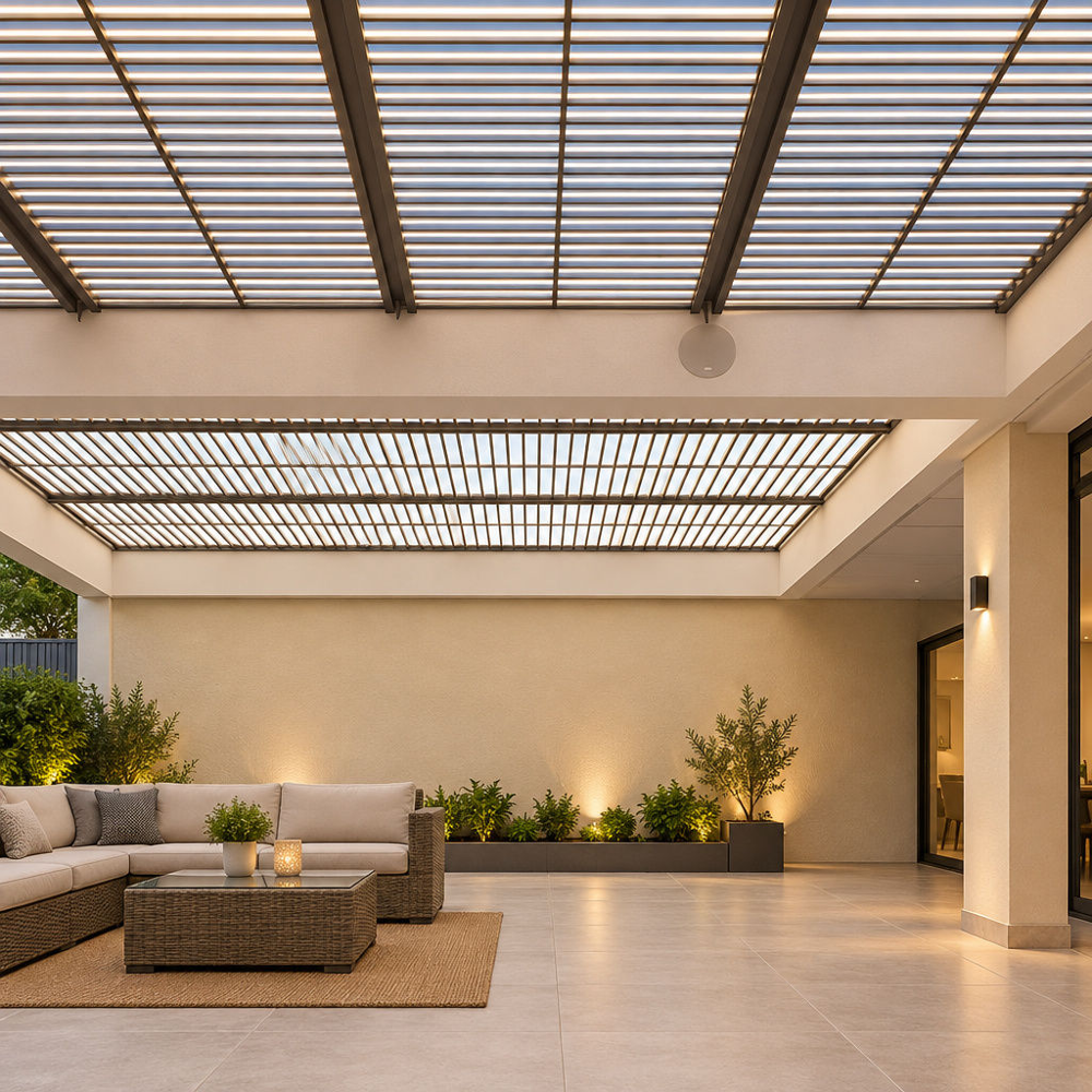 Dark Bronze Aluminium Channel Profiles in Louvered Ceiling Grid Interior low-angle shot looking upward at an open ceiling grid system featuring parallel rows of dark bronze aluminium channel profiles forming a linear louvered pergola screen