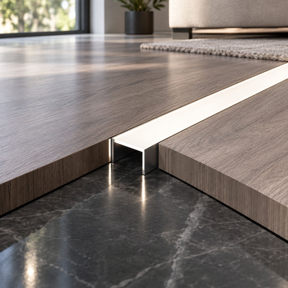 Recessed Silver Anodized U-Channel Divider in Dark Wood Panels Elevated macro close-up showing a silver anodized U-channel profile installed as an inlay divider strip between two dark wood grain panels