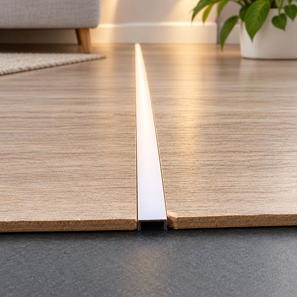 Slim Aluminium U-Profile Embedded in Light Oak Veneer Detailed cross-sectional side view of a slim, narrow silver aluminium U-profile embedded seamlessly between two light oak-colored wood veneer boards